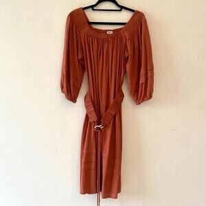 SUNCOO burnt orange long sleeve belted peasant dress